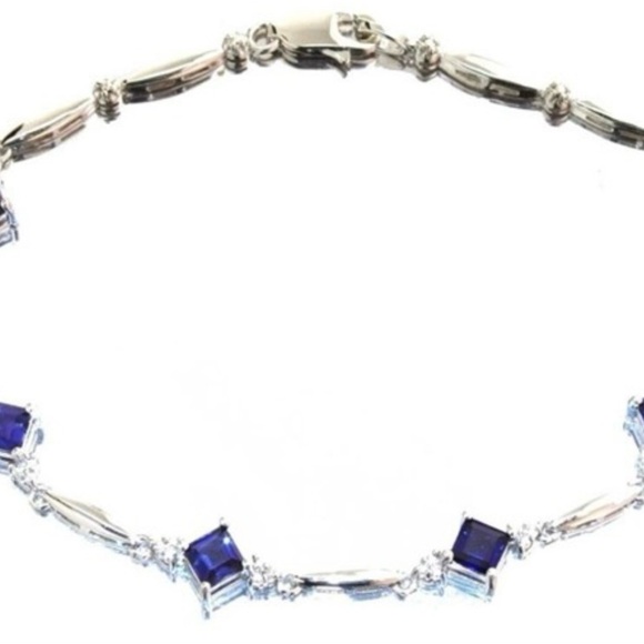Sterling Silver 3.10 ct Created Sapphire & Diamond Accent Tennis Bracelet - Picture 1 of 6
